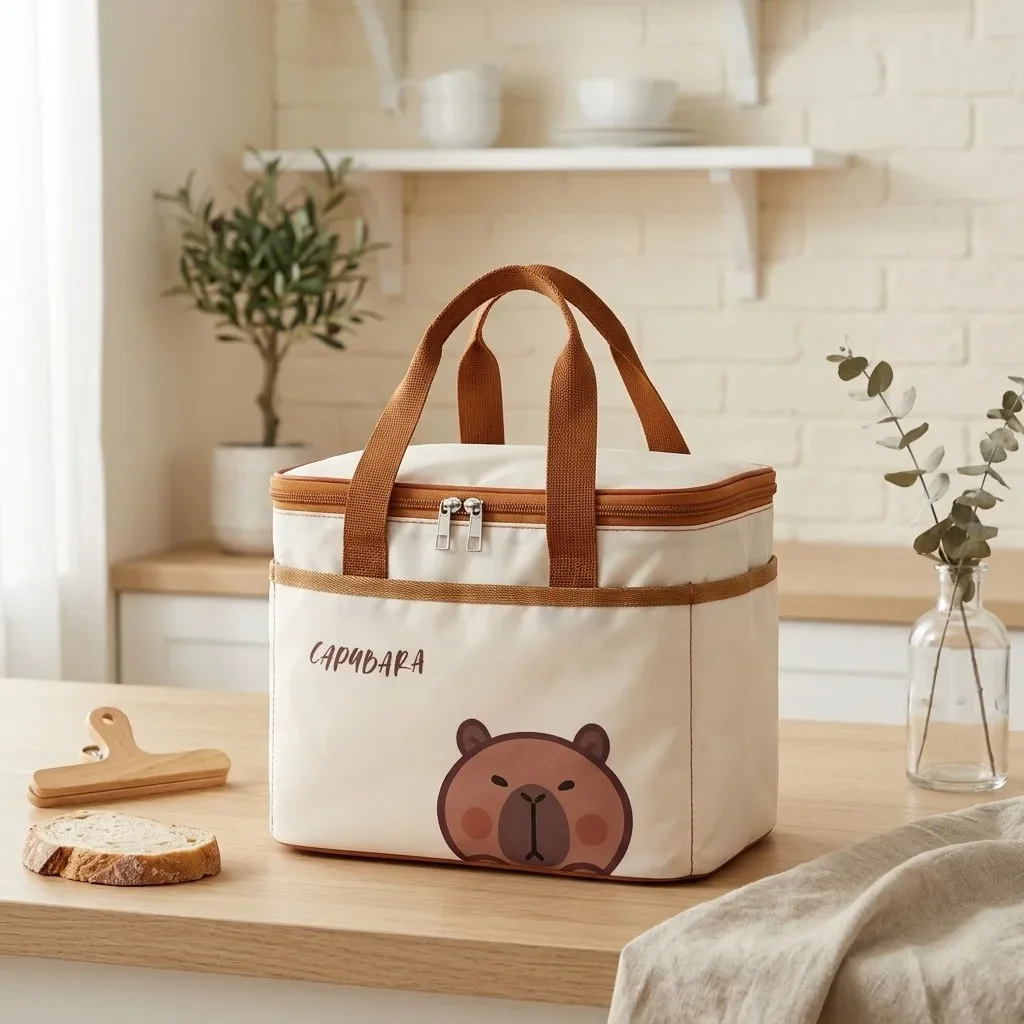 Kawaii Capybara Bear Thermal Lunch Bag Insulated Bento Box Cooler Bag Food Container for Women Kids School Work Meal Prep