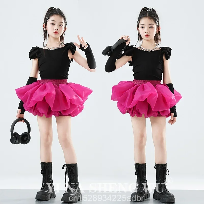 Jazzdanskostuum Zwarte Tops Roze Korte Rok Set Kinderhip Hop Street Dance T-Stage Model Show Mode Kleding Meisjes