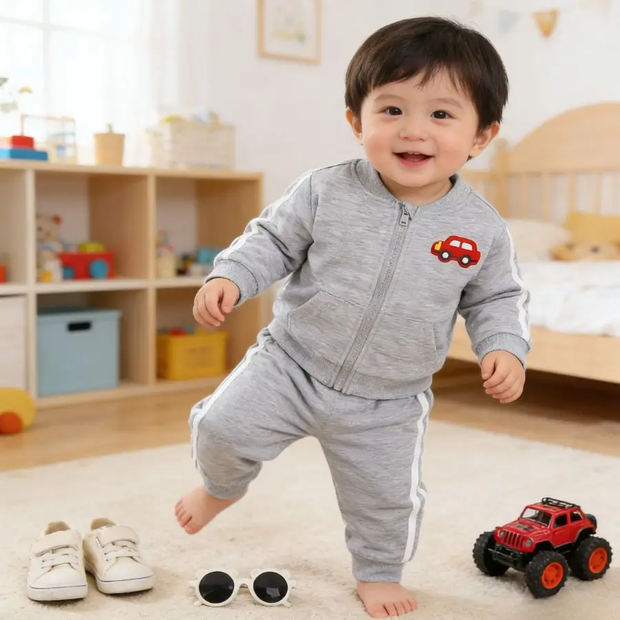 2-teiliges Trainingsanzug-Set für Kleinkinder, Jungen, Jacke mit Reißverschluss und Auto-Aufdruck und gestreifte Jogginghose, lässiges Sportbekleidungs-Outfit für Kinder