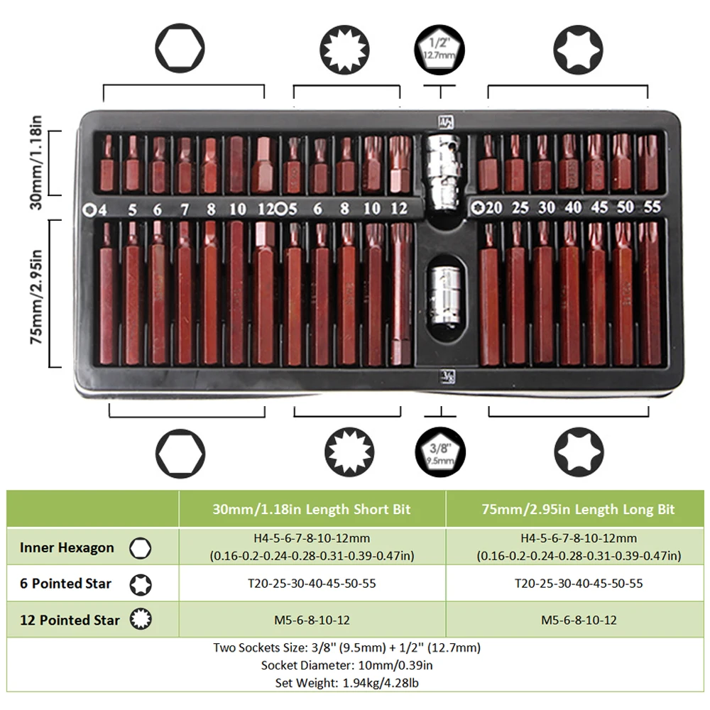 

40pcs Torx Star Screwdriver Star Bits Batch Combination Toolbox 30-75mm Hexagon Socket Internal Serration Toothed Hex Shank Bits