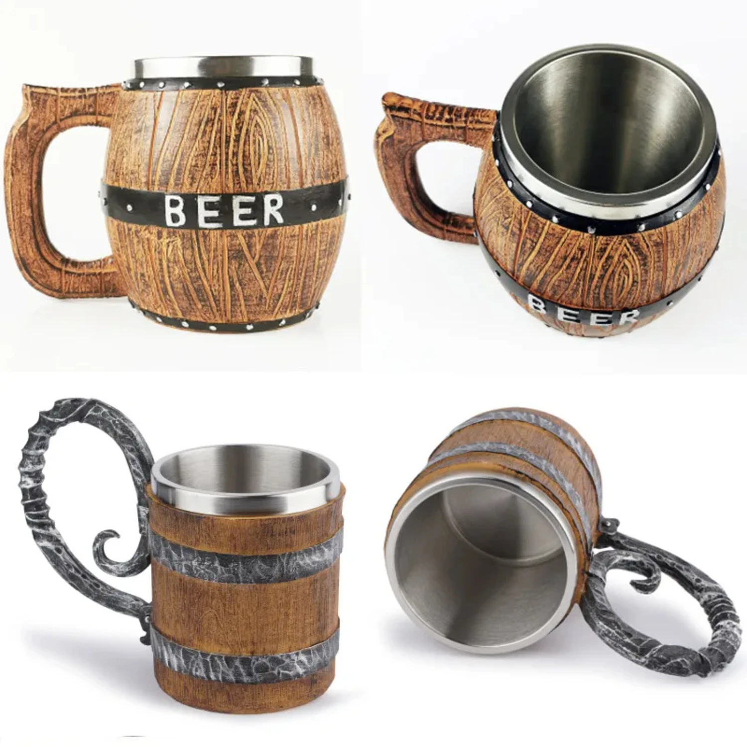

Wood Style Beer Mug Simulation Wooden Barrel Beer Cup Double Wall Drinking Mug Metal Insulated Bar Drinking Cups