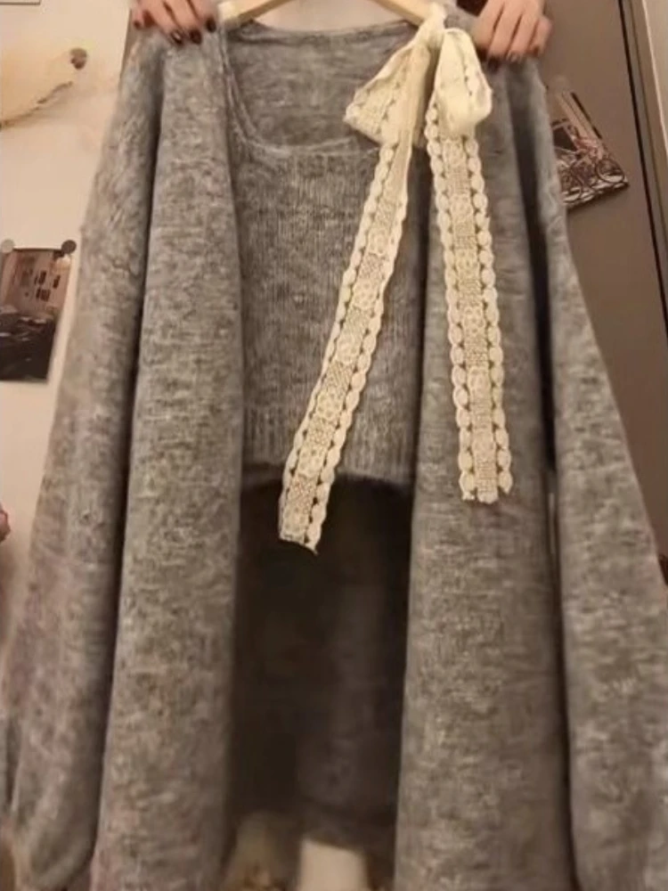 Korean Style Knit Cardigan Lace Cami Jeans Three Piece Set Women Autumn Loose Fit Sweet Retro Chic Casual Streetwear Outfit