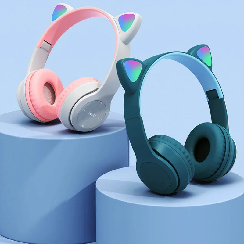 Cute Cat Ear Bluetooth Compatible Headset with LED Wireless Headset Children Girls Stereo Folding Sports Headset with Microphone