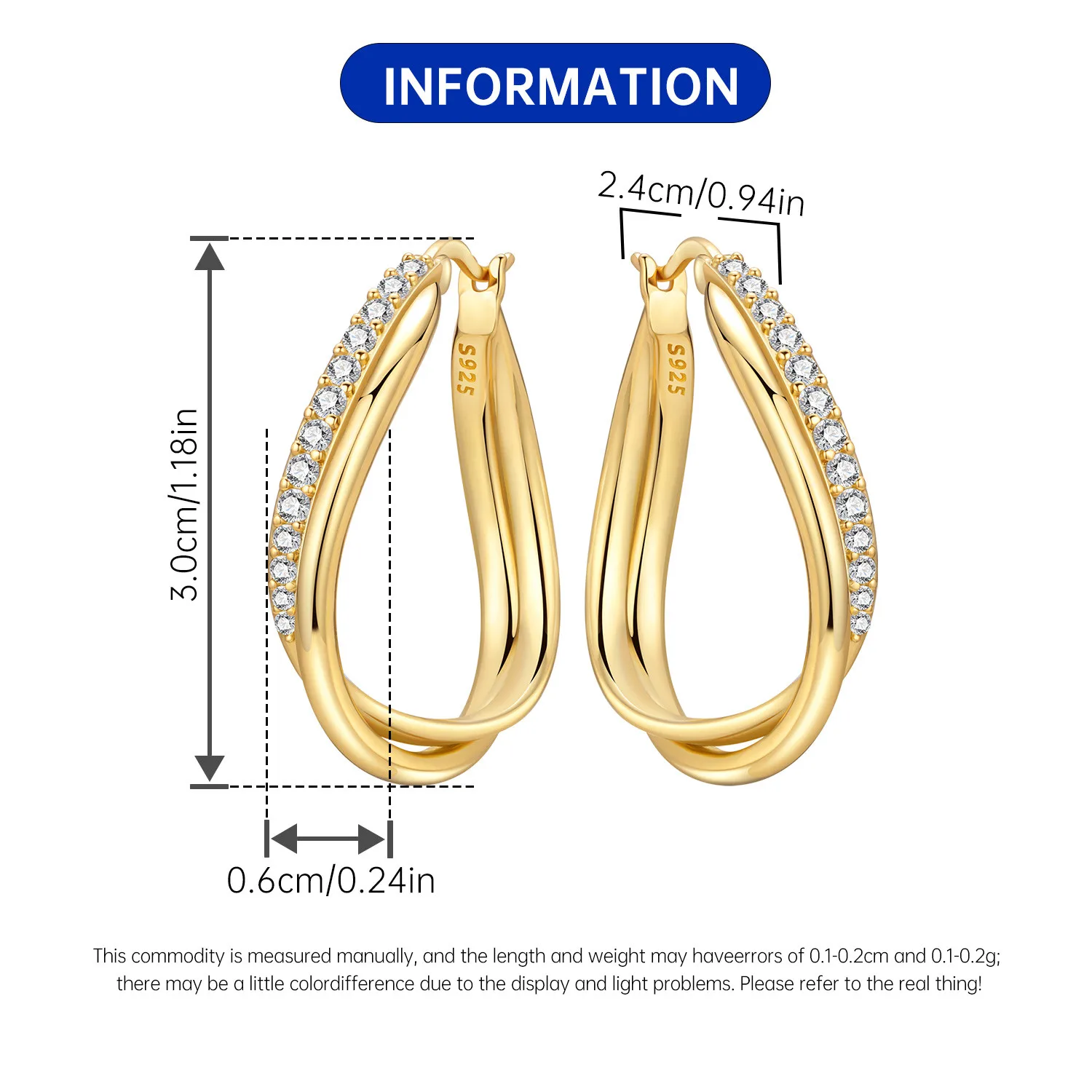 Orstarry S925 فضة مزدوجة الطبقات الذهبي الزركون أقراط تنوعا هوب أقراط للنساء مجوهرات هدايا الحفلات