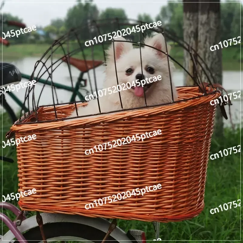 Bicycle Basket with Iron Cover for Pet, Car Basket, Rear Frame, Woven Basket for Dog