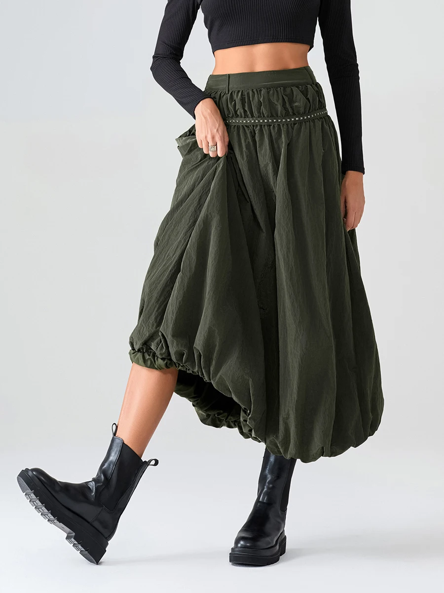 wsevypo Punk Style Bubble Long Skirts Women Rivet Decor Elastic High Waist Loose Skirts for Streetwear Grunge Aesthetic Clothes