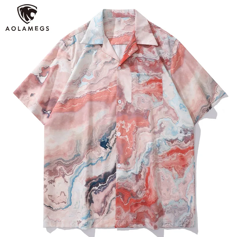 Men's Shirt Oil Painting Water Ripples Pattern Blouse Lapel New Chinese Style Pink Tops Tie-Dye Trendy Button Clothes M-2XL