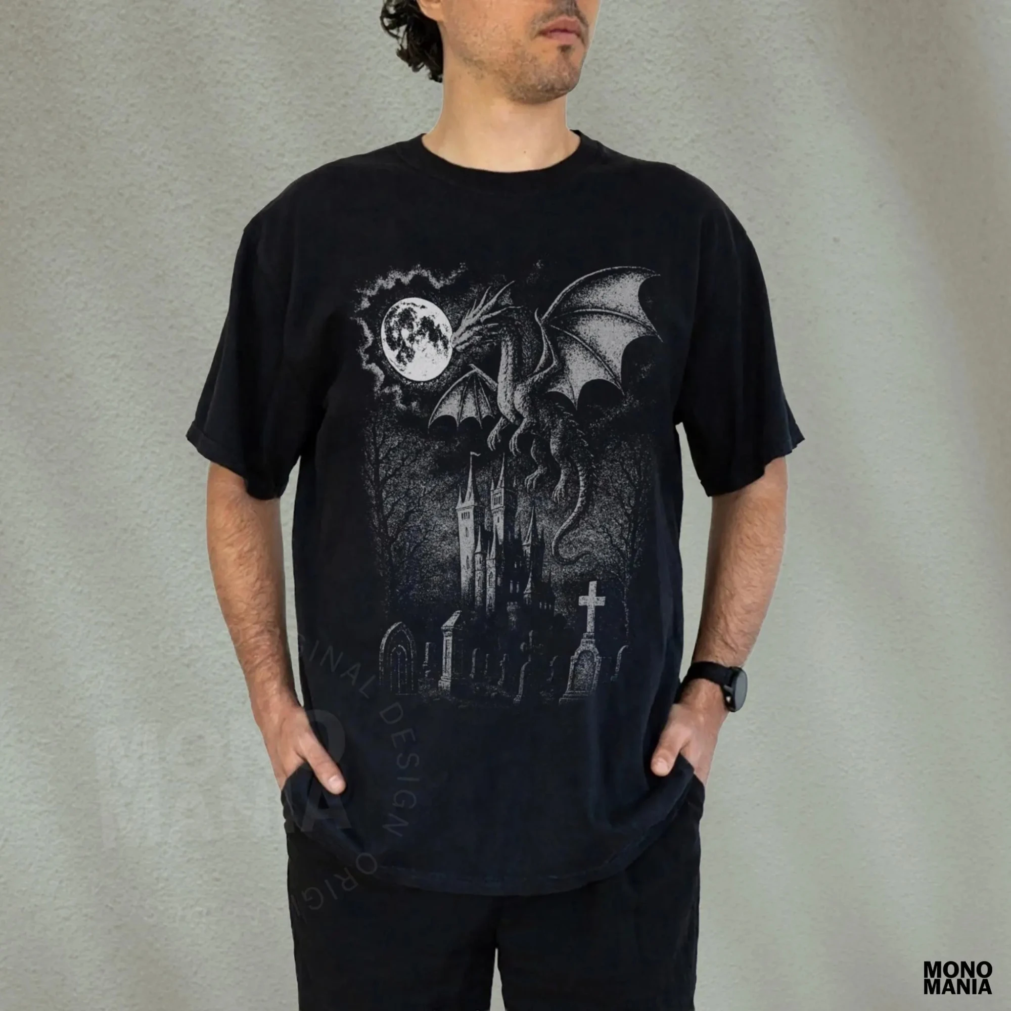 تي شيرت من العصور الوسطى بنمط التنين، نمط الخيال الداكن، نمط القوطي المتحلل، الهواء العلمي، تي شيرت قلعة القارئ الخيالي