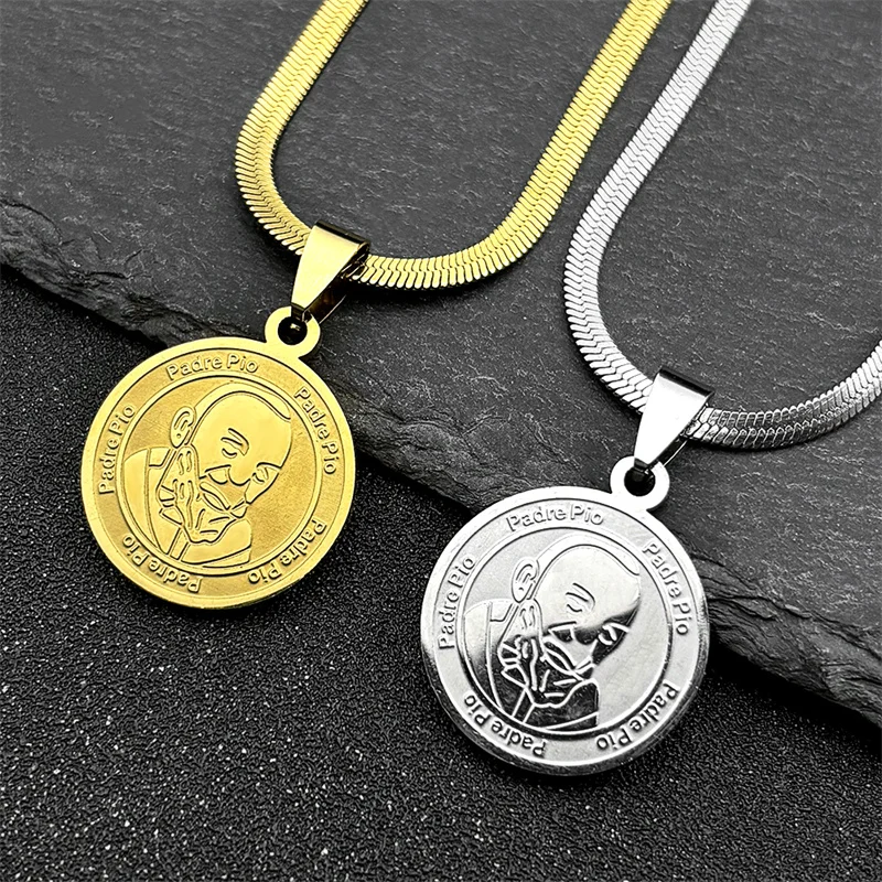 قلادة بادري بيو شل ميدالية للنساء والرجال من الفولاذ المقاوم للصدأ باللون الذهبي والفضي سلسلة مجوهرات مسيحية #1