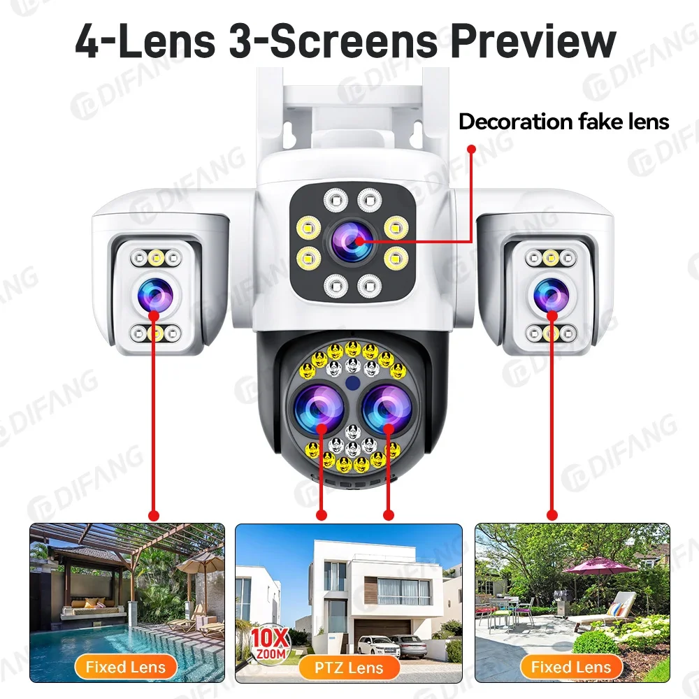 Yoosee 8K 16MP 4 Lens 3 Screen WiFi IP Camera 10X Digital Zoom 360° PTZ Outdoor  Onvif Compatible Security CCTV Surveillance