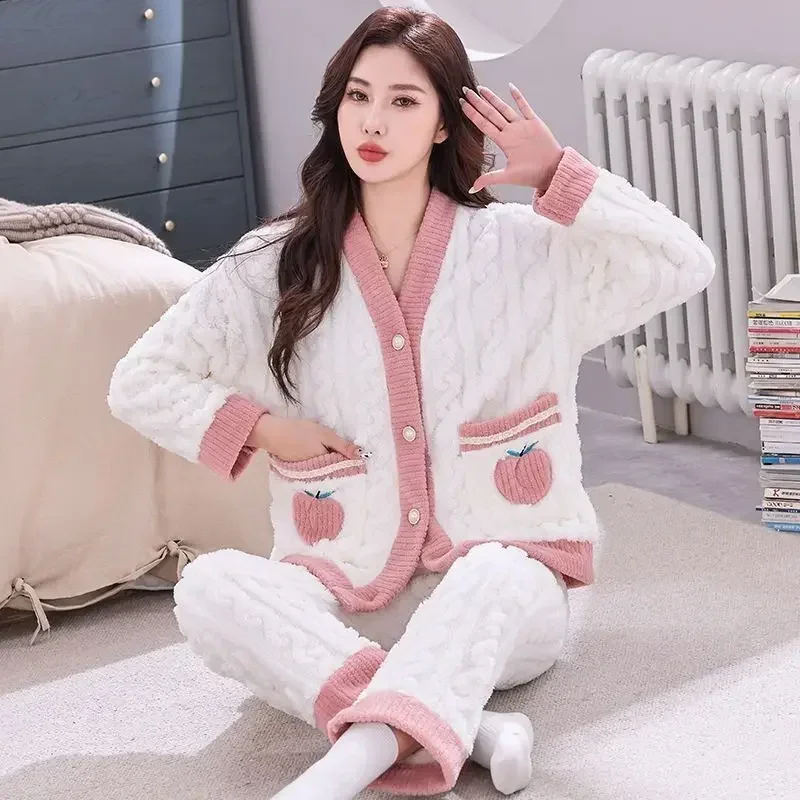 Coral Velvet Pajamas Ladies Fall Winter Warm long sleeve Sleepwear cardigan sweet Flannel loungewear set pijamas feminino