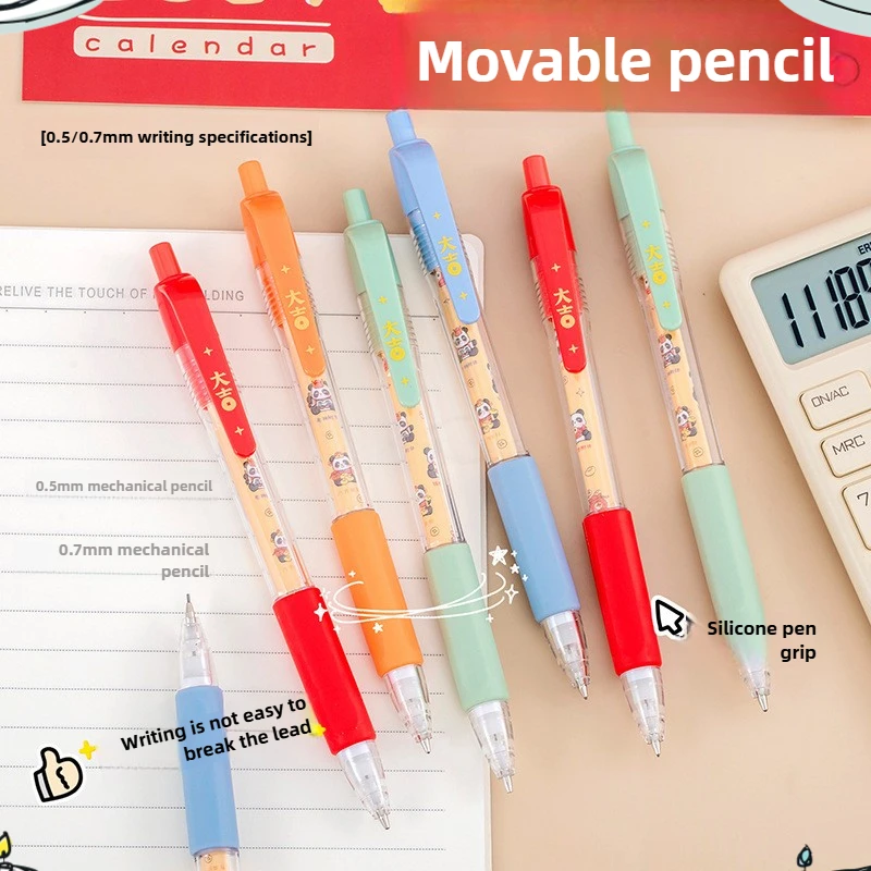 48 Pcs with Box Automatic Pencil for Primary School Students Soft Grip Continuous Core Good Luck Cute Panda Press