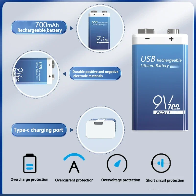 New 9V 700mAh lithium ion rechargeable battery type-C multimeter lithium microphone metal detector + cable