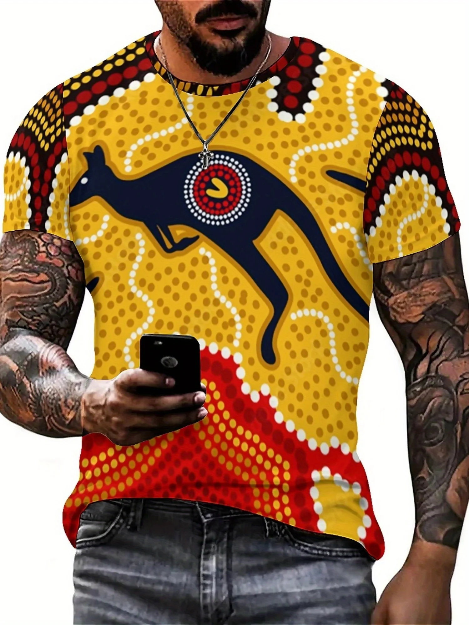 Men's Retro Y2K Kangaroo 3D Graphic T-Shirt Vibrant Abstract Animal Design Soft Round Neck Short Sleeve Tee for Outdoor