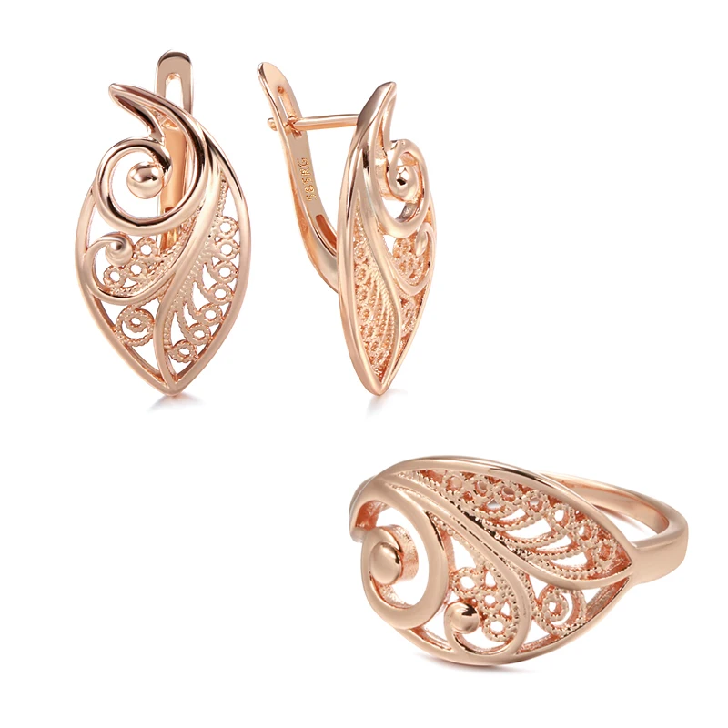 

Hot Fashion Ethnic Bride Wedding Jewelry Sets 585 Rose Gold Glossy Unusual Hollow Flower Earrings Rings Sets for Women 2022 New