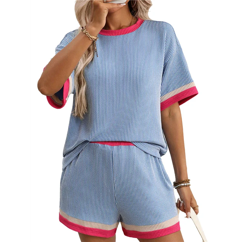 ชุดลำลองสองชิ้นสำหรับผู้หญิง A09P เสื้อแขนสั้นแบบสวมทับกับกางเกงขาสั้นเข้าชุด ชุดลำลอง ชุดออกกำลังกาย