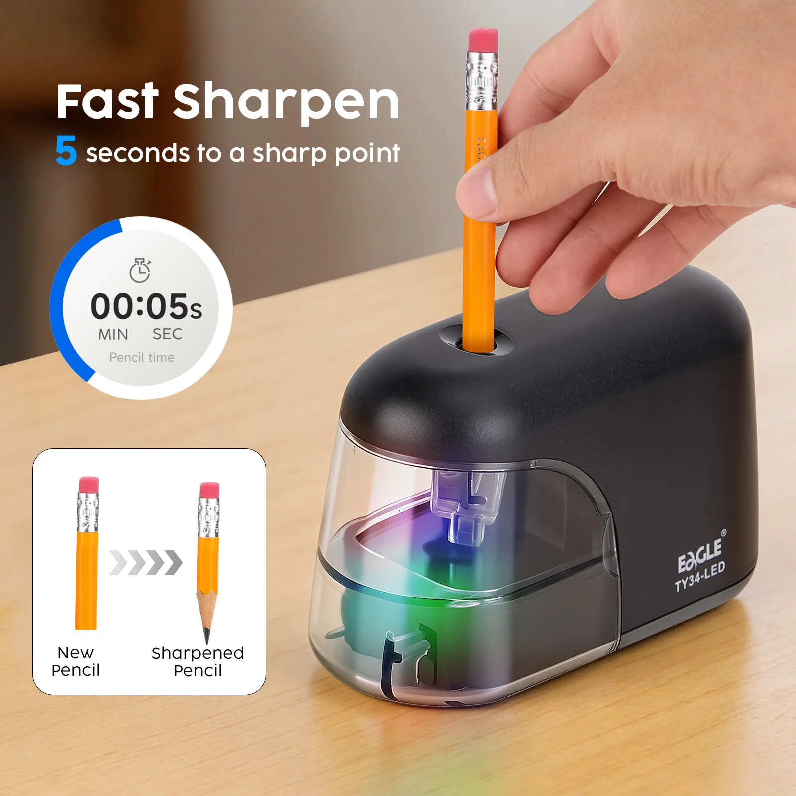 EAGLE Electric Pencil Sharpener with Colorful LED Light, 5S Fast Auto Sharpener Fit for 6-8mm Round Hexagonal Triangular Pencils