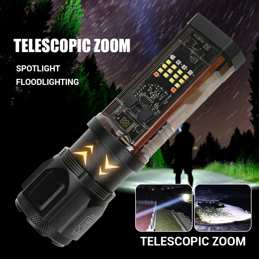 High Power White Laser Flashlight Super Bright LED Long Range Zoomable Torch Multifunctional Charging Camping Hunting Lantern