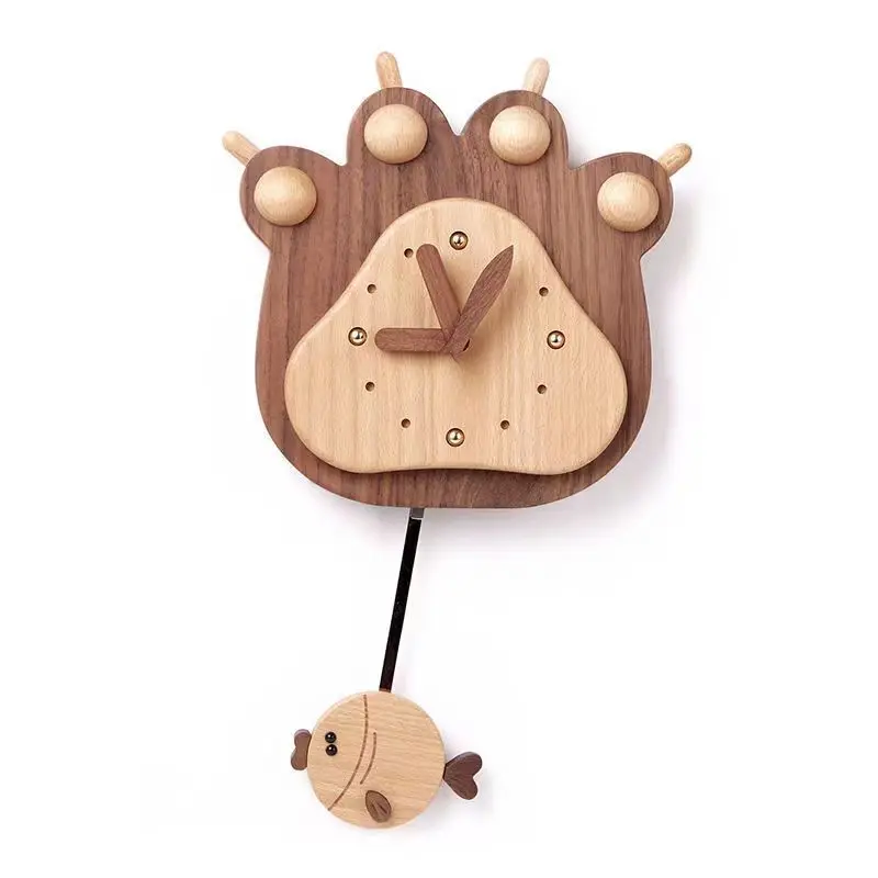 

0Customized wooden handicrafts Fish and bear paw wall clock Creative ornament Gifts Living room decoration pendant
