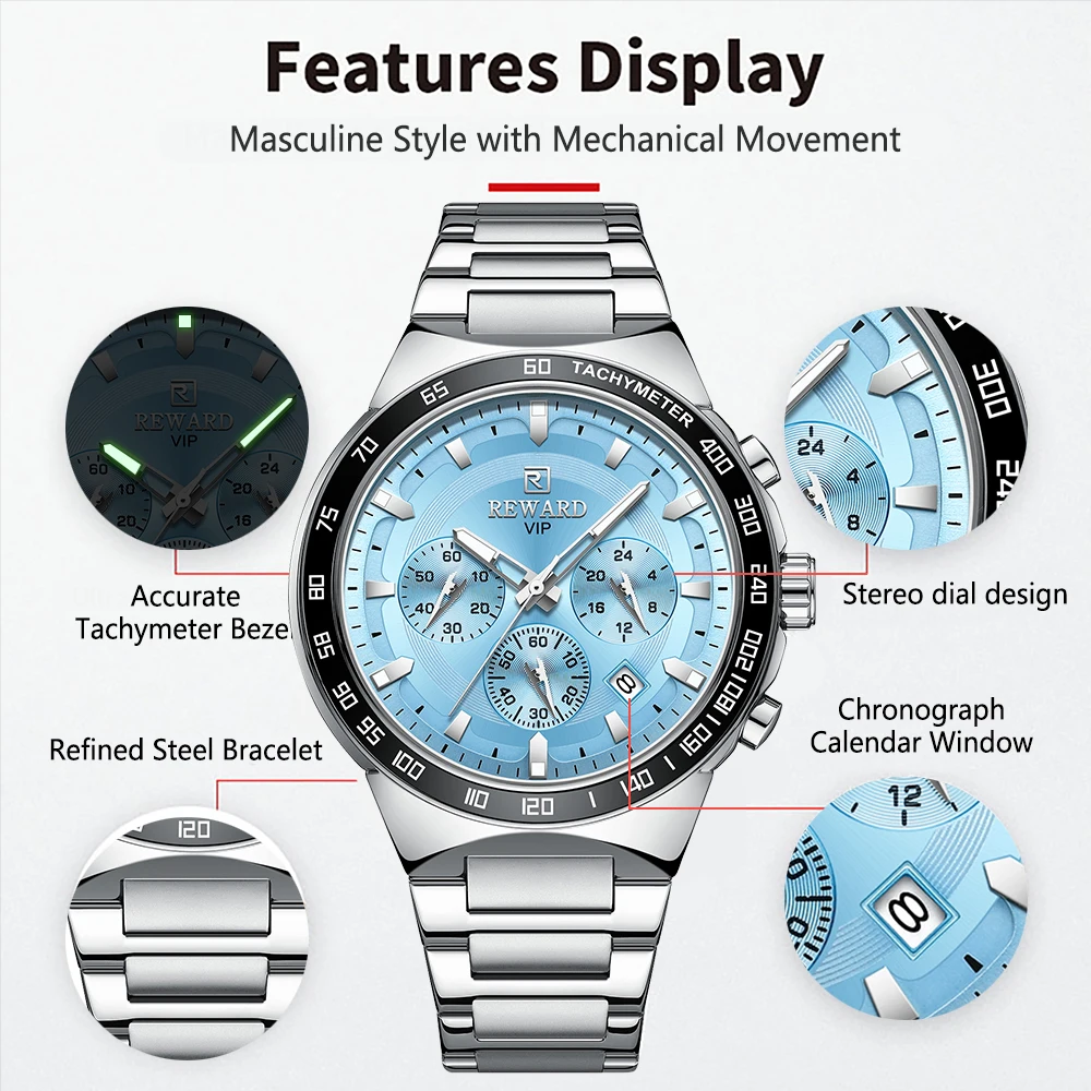 REWARD Blue Silver Watches Quartz Movement Wristwatch Chronograph Business Waterproof  Male Clock