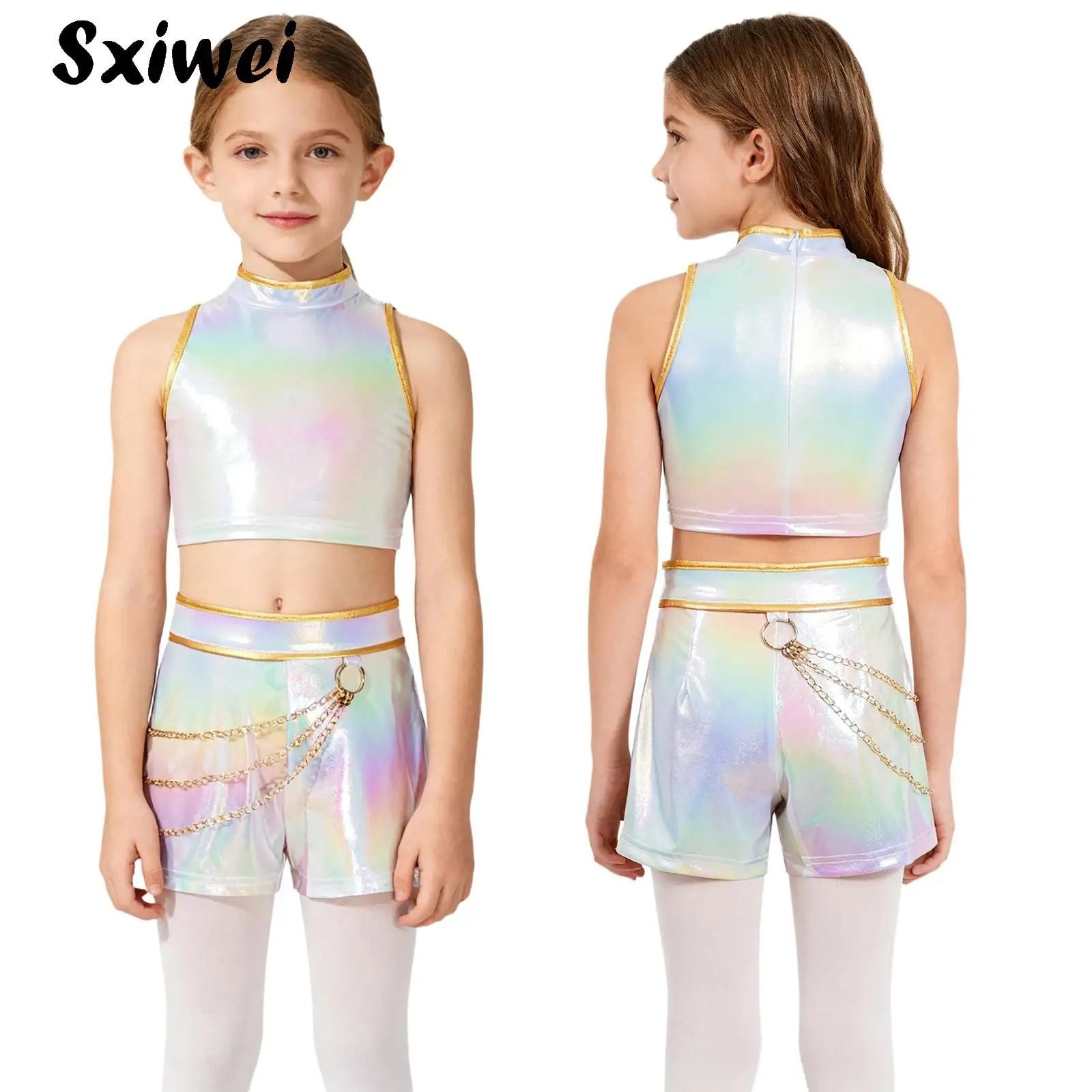 

Girls Korea Popular Singer Demon Cosplay Outfit Anime Roleplay Iridescent Gloss Crop Top and Waist Chain Shorts Halloween Set