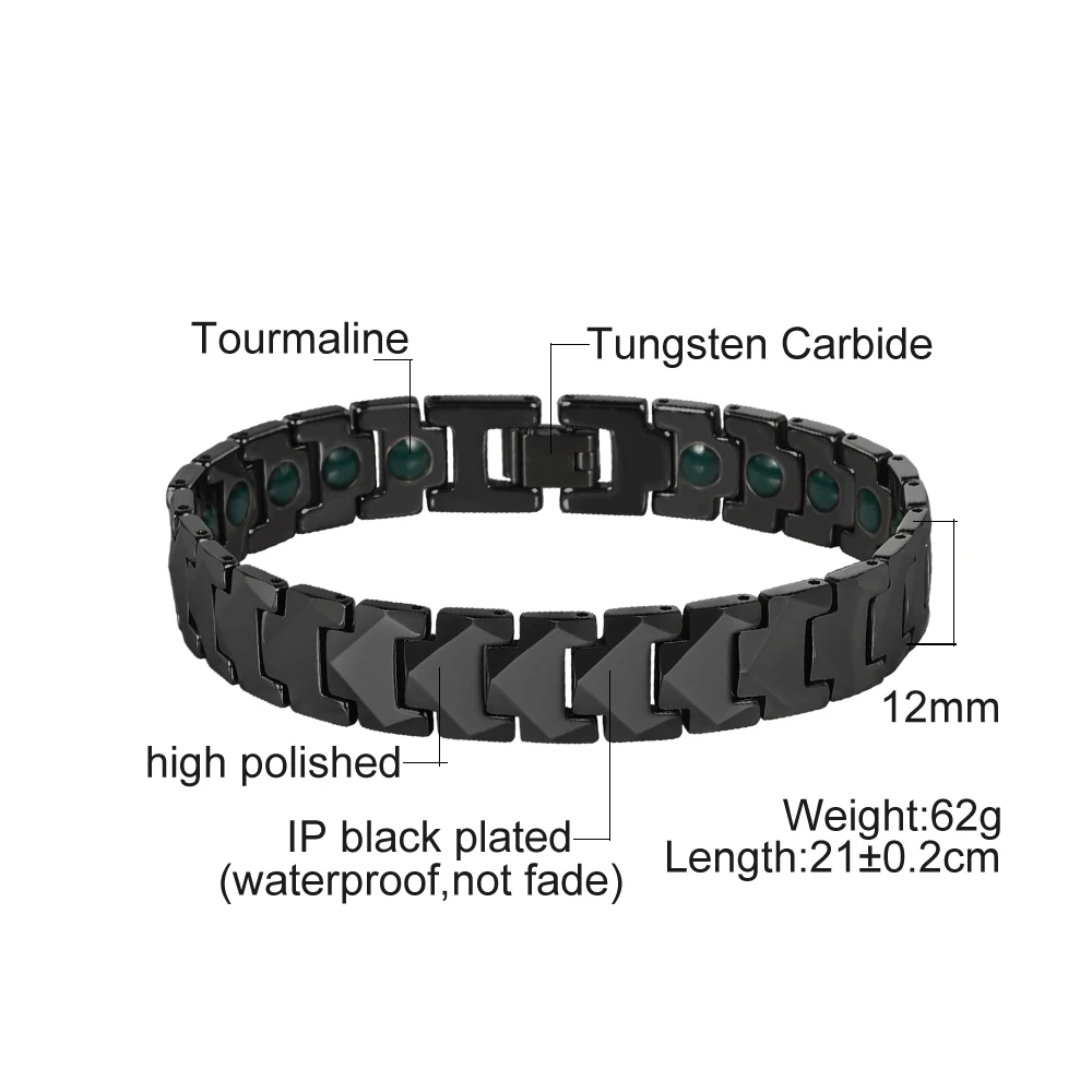 Vinterly Anti-scratch Tungsten Carbide Bracelets Couple Tourmaline Benefits Health Arrow 8/12mm Black Chain Jewelry Waterproof