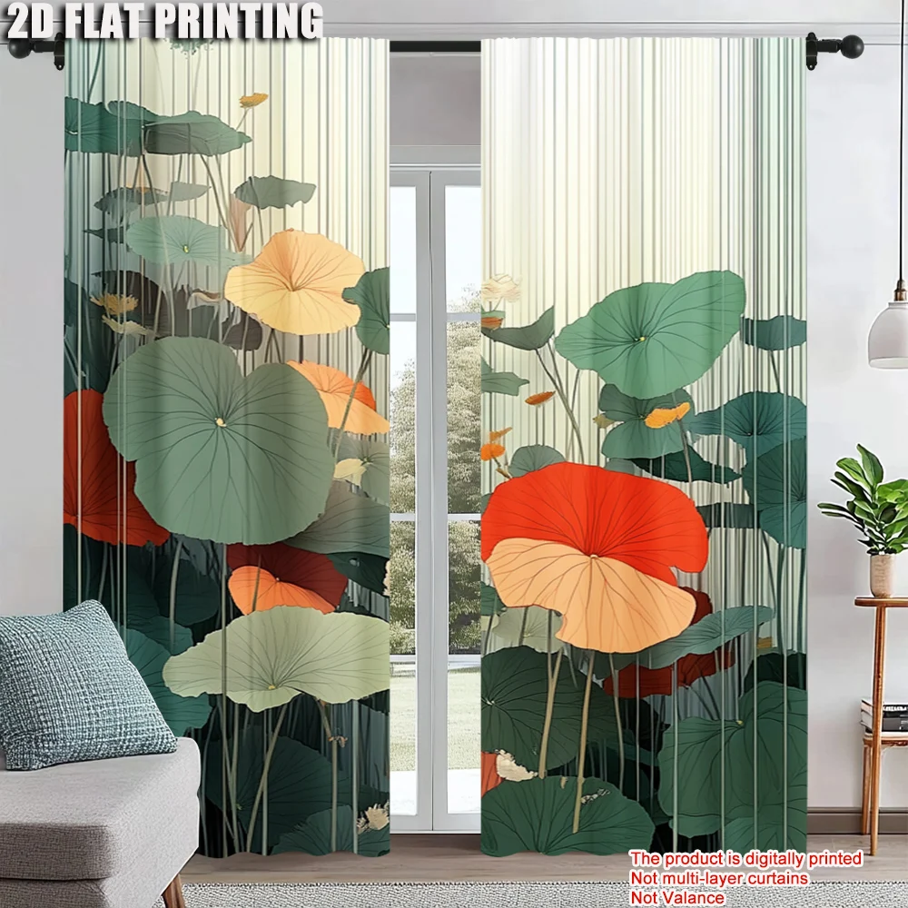 

2Pcs Floral Leaf Print Curtains Rod Hole Design Polyester Perfect For Living Room Bedroom Kitchen Elegant Home Decor