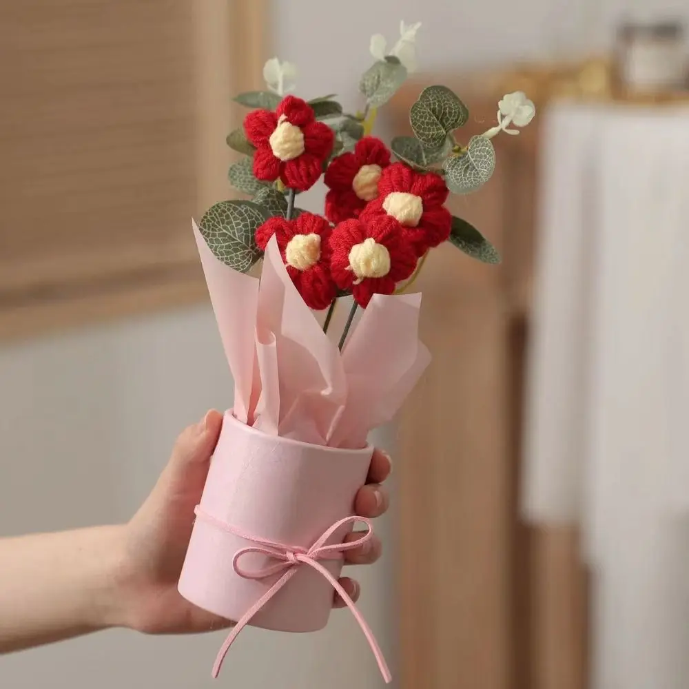 

Knitted Crochet Flowers Handmade Colorful Artificial Flower Potted Plant with Bucket Woven Simulated Flower Teachers' Day