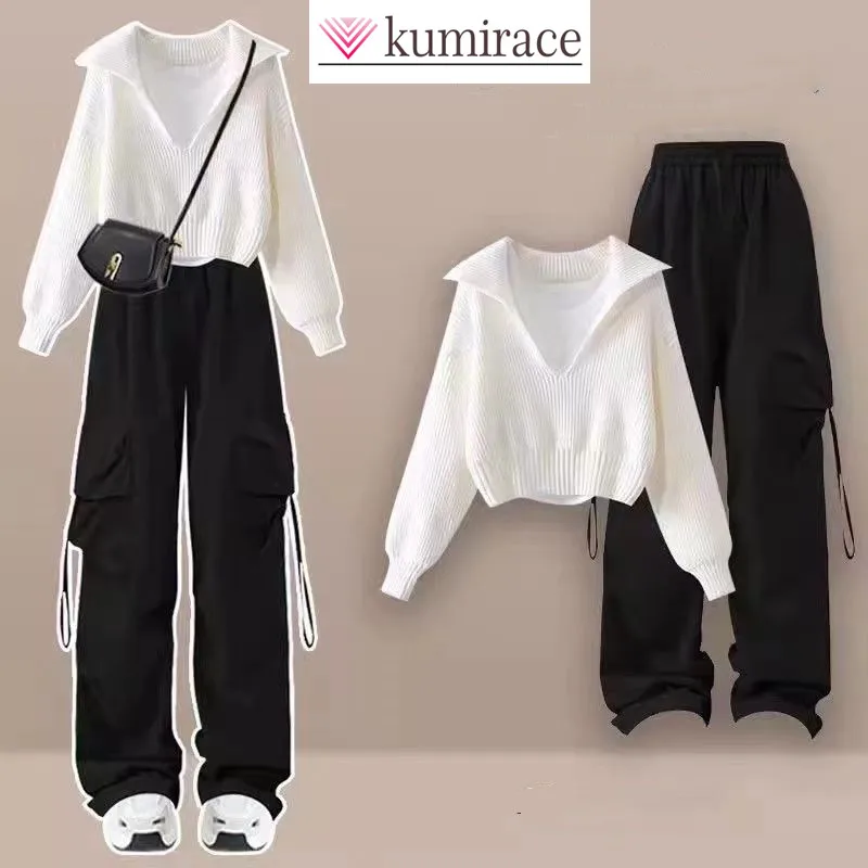 Autumn and Winter Set Female Student Korean College Style Knitted Sweater+Vest+Work Pants 3-Piece Set