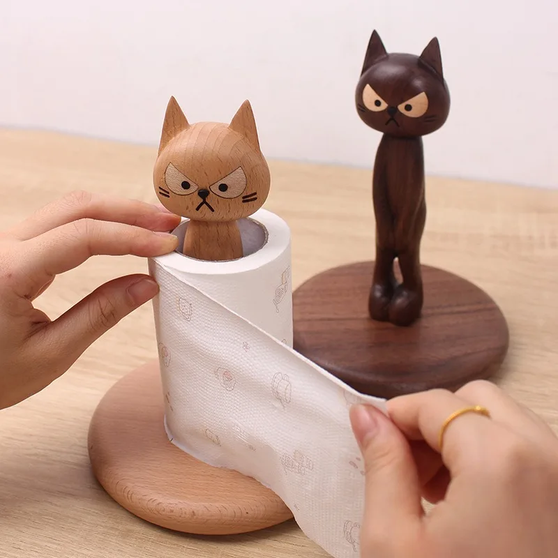 Solid Wood Paper Towel Holder Creative Cat Vertical Paper Towel Holder Dining Room Paper Towel Holders for Kitchen Organizer