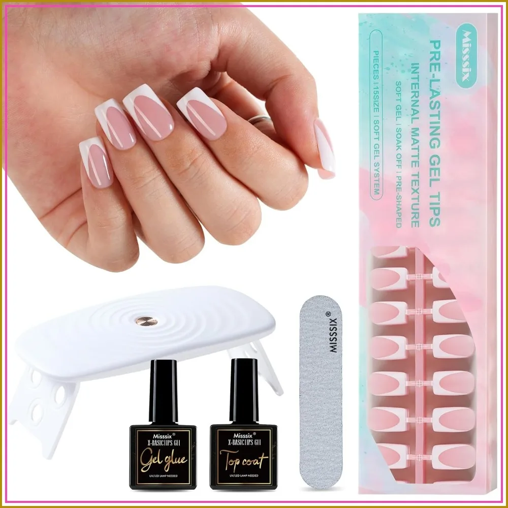 160Pcs French Tip Press On Nails, Short Square Soft Gel Fake Nails, X-BASIC Tips Starter Kit for Nail Art DIY 16 Sizes
