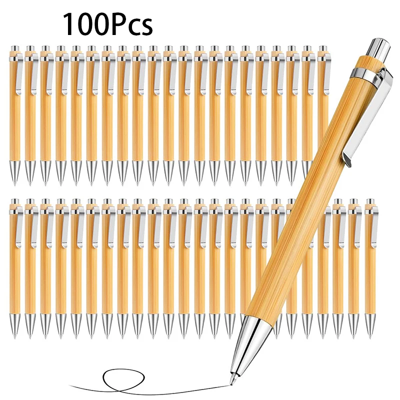 100Pcs Eco Friendly Reusable Sustainable Retractable Bamboo Wooden Ballpoint Pen