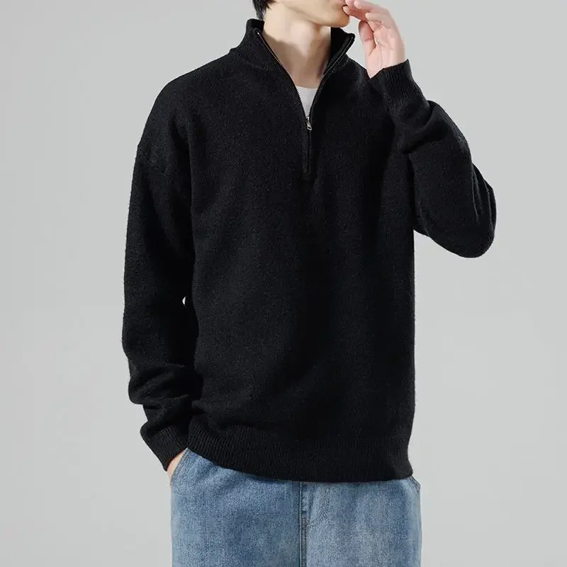 

Модные свитера на молнии с отложным воротником, мужская одежда, однотонные весенне-осенние свободные повседневные вязаные пуловеры с длинными рукавами