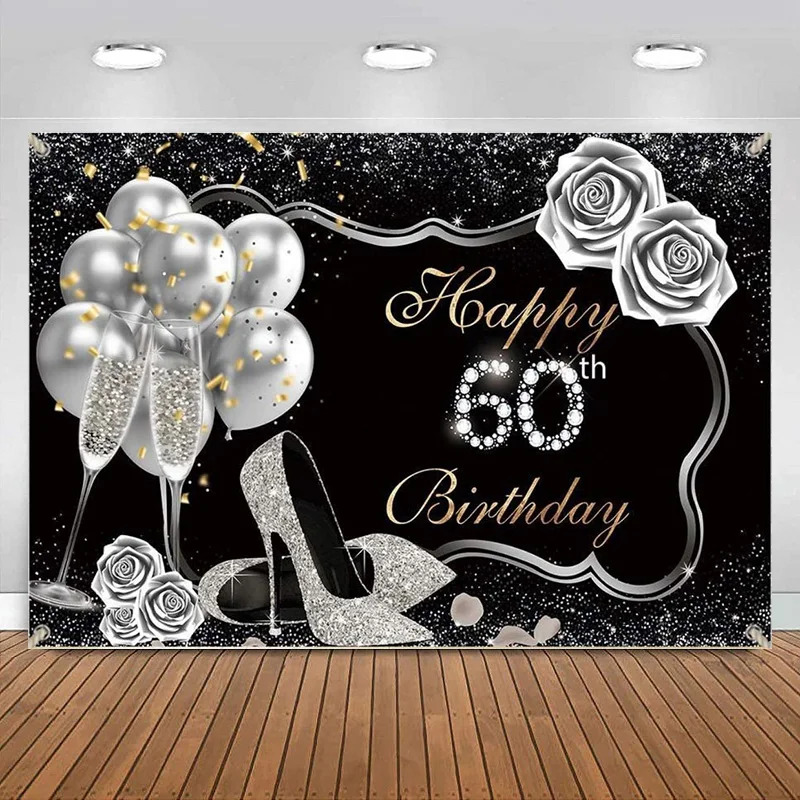 

Black Silver Happy 60th Birthday Backdrop High Heel Rose diamond glitter Party Decoration Women Banner Photography Background