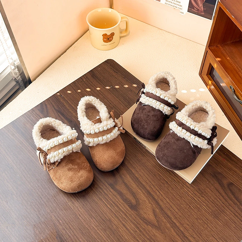 

Kids Flat Shoes Sweet Beading Round Toes Girls Princess Shoes Suede Warm Cute 2025 Winter New Children Moccasins Soft Casual