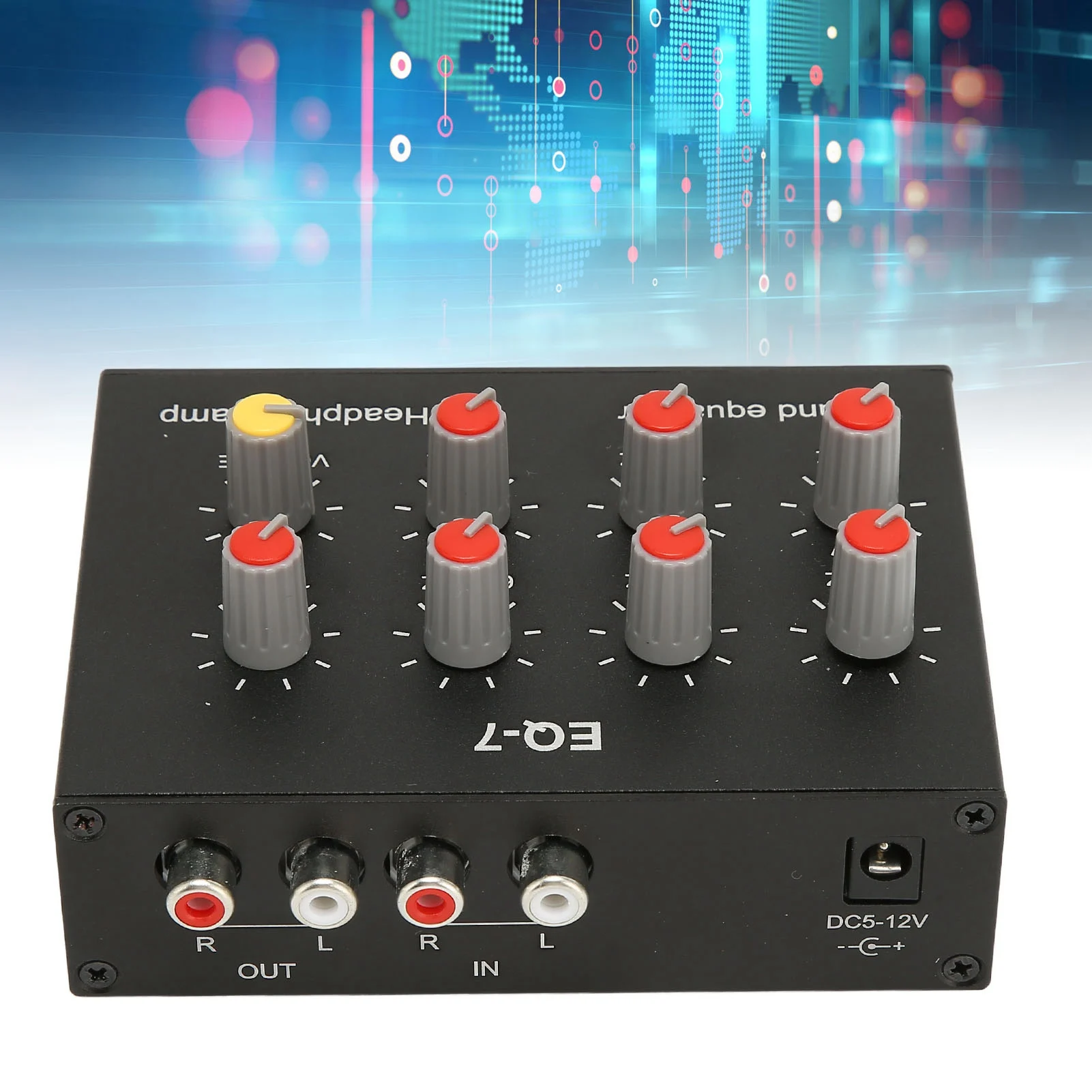 7 Band Sound Equalizer RCA Output Input 12dB High Bass Adjustment Dual Channel Digital Equalizer