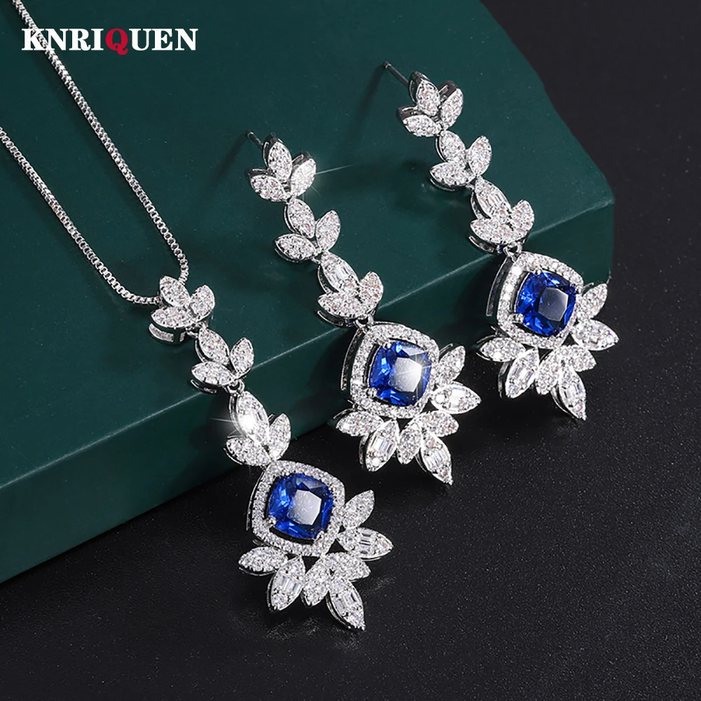 

KNRIQUEN Vintage 7*7mm Sapphire Gemstone Pendant Necklace Earrings for Women Lab Diamond Wedding Party Fine Jewelry Sets Gift