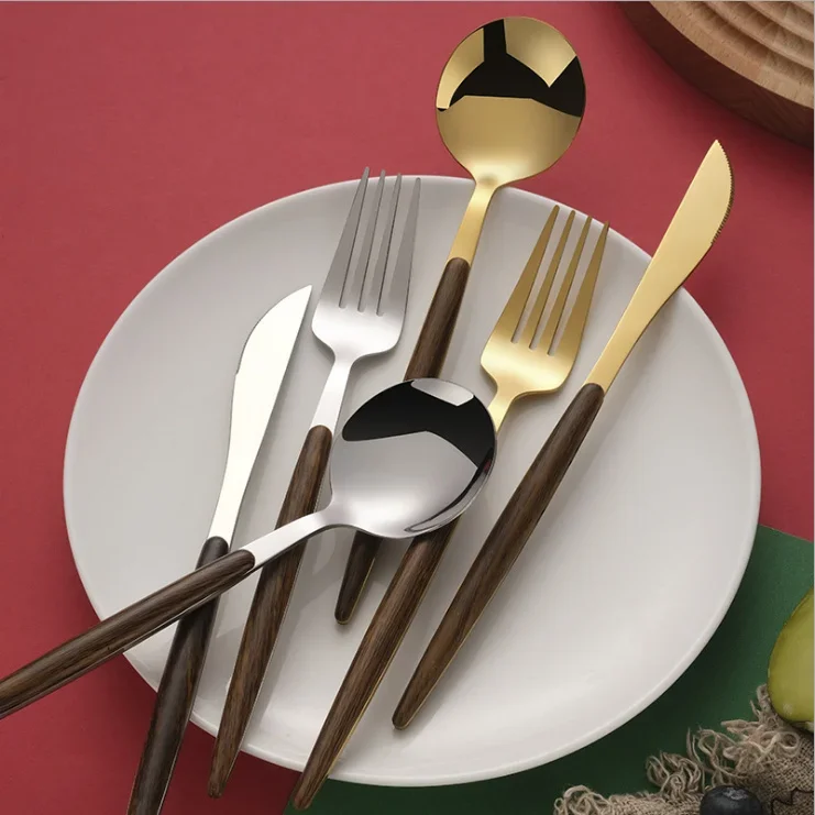 30Pcs Wood Steak Knife Dinnerware Stainless Steel  Golden Cutlery Western Food Knife fork Teaspoon Cutlery Set Tableware