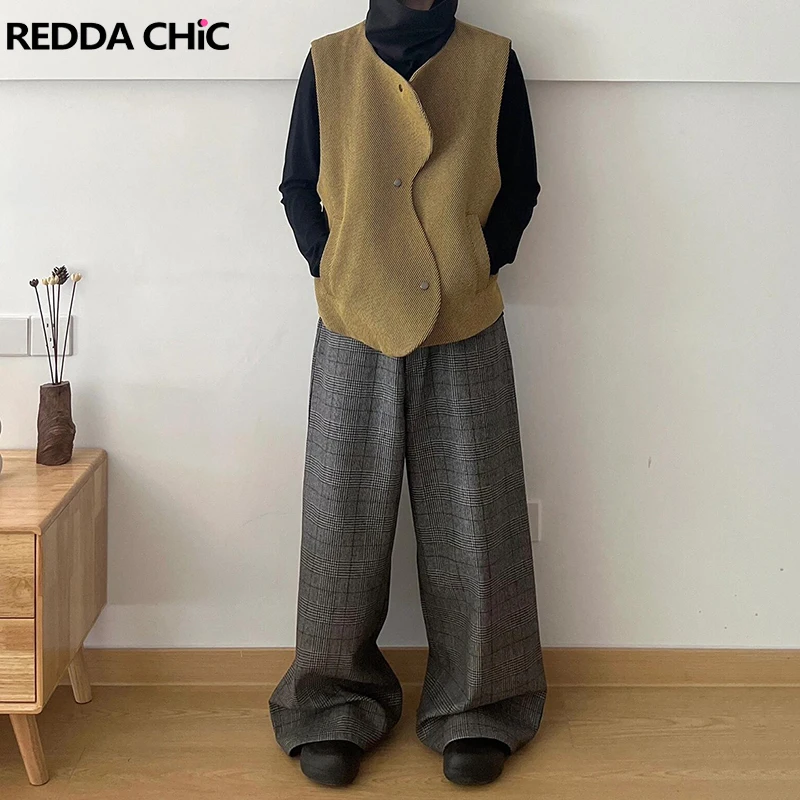 ReddaChic Business Men Plaid Tweed Wide Leg Pants Casual Loose Fit Flat Front Bootcut Long Suit Trousers Dressy Vintage Clothes