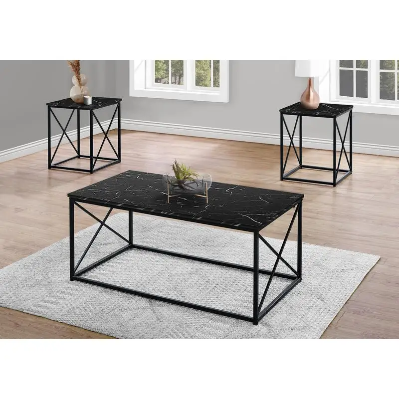 3-Pc Coffee Table Set, Modern Black Marble Look Laminated Top, Black Metal Base, Contemporary Accent for Living Room, Stylish