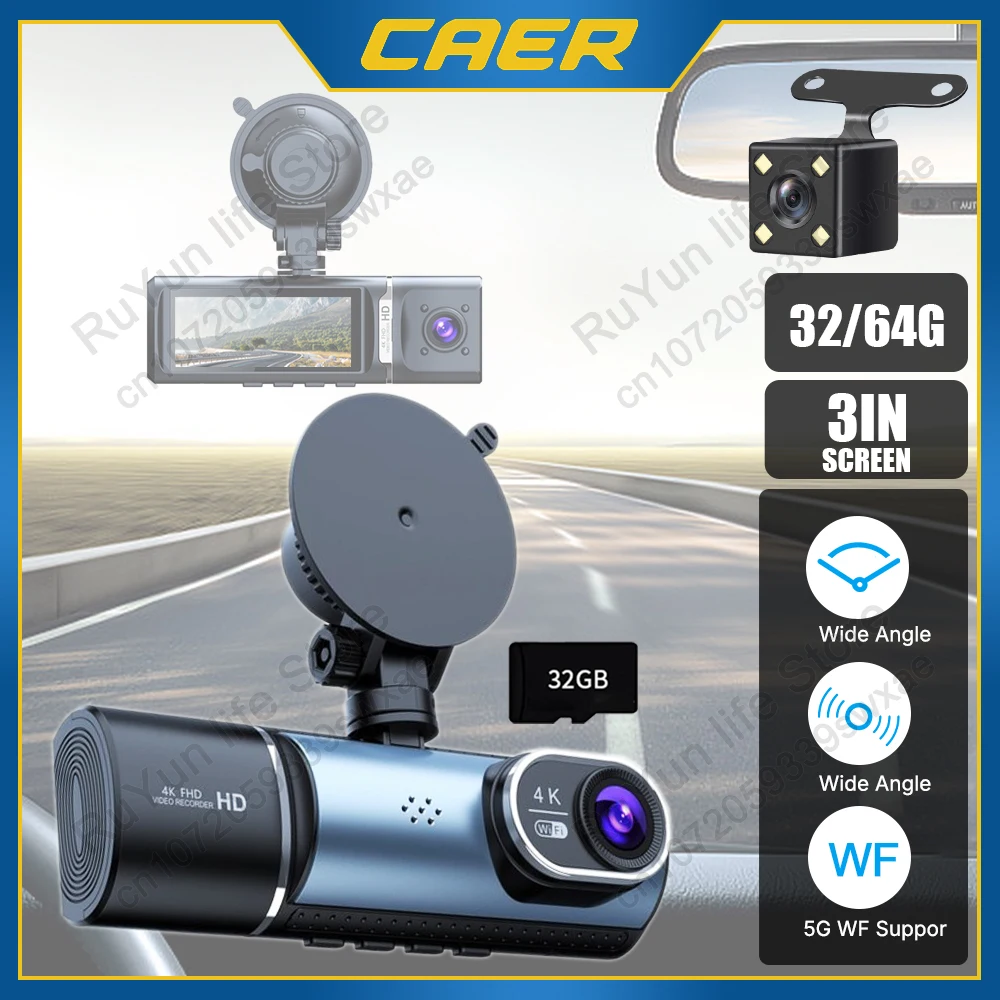 

Wifi Car Dash Cam 3-channel Driving Video Recorder 4K Ultra-Clear Screen Gravity Sensing Wide range of ADAS Night Vision DVR