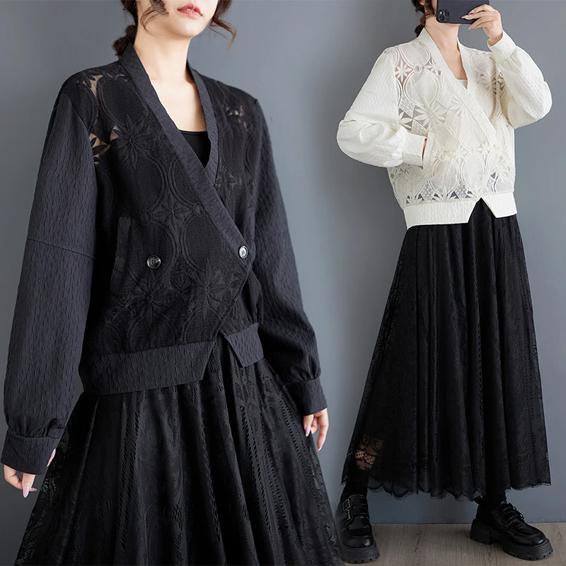 

Свободное кружевное пальто с вышивкой и текстурированным V-Ne, однотонное, с вырезами, весенне-осеннее новое пальто для поездок на работу