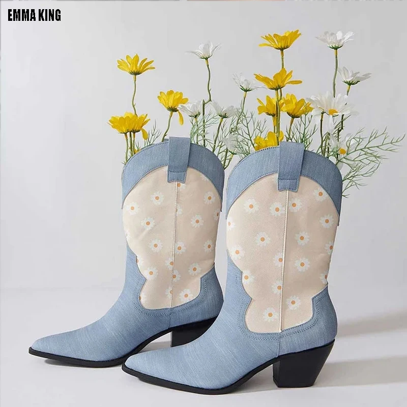 

2024 Women's Western Knee High Boots Cowgirls Boots Mid Calf Block Heels Shoes PU Patchwork Denim 3D Flower Footwear 44