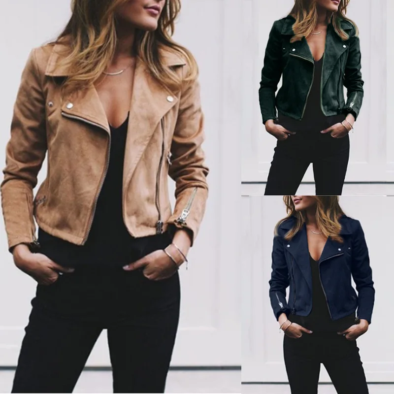 Suede Leather Zipper Coats Women Autumn Turn-down Collar Cropped Jacket Slim Fit Casual Fashion Streetwear Female Outwears Y2K