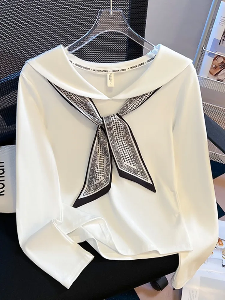 

Женская футболка с воротником-стойкой и длинным рукавом, с эффектом утяжки на талии, короткий рукав, топ для ранней осени, с узлом из шелкового платка, в корейском стиле