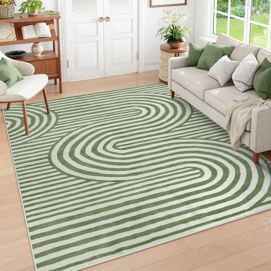 

Green Washable Rug 5x7, Soft Kids Rugs for Bedroom Mid Century Modern Area Rugs for Living Room, NonSlip UltraThin Stain Resista