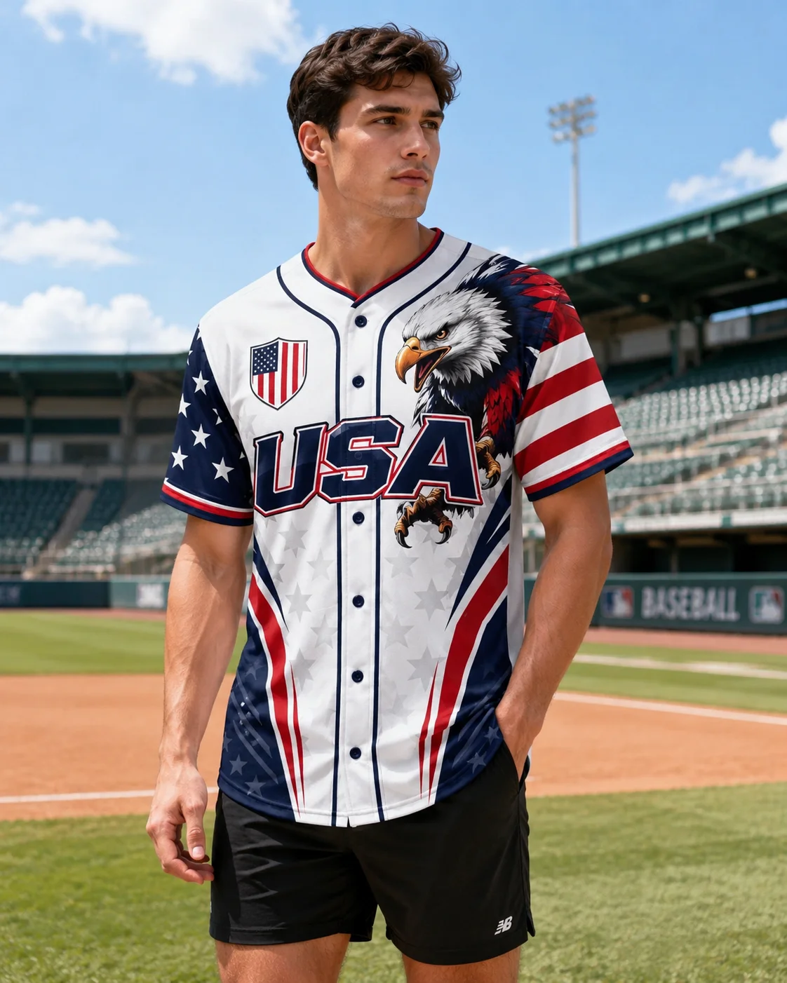 Men USA Bald Eagle Baseball Jersey American Flag Patriotic Short Sleeve Button Down Casual Sport Baseball Uniform Top