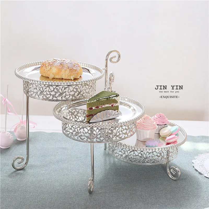 European style rotating cake plate three-layer Dim sum rack wedding dessert table silver plated decorations buffet display rack