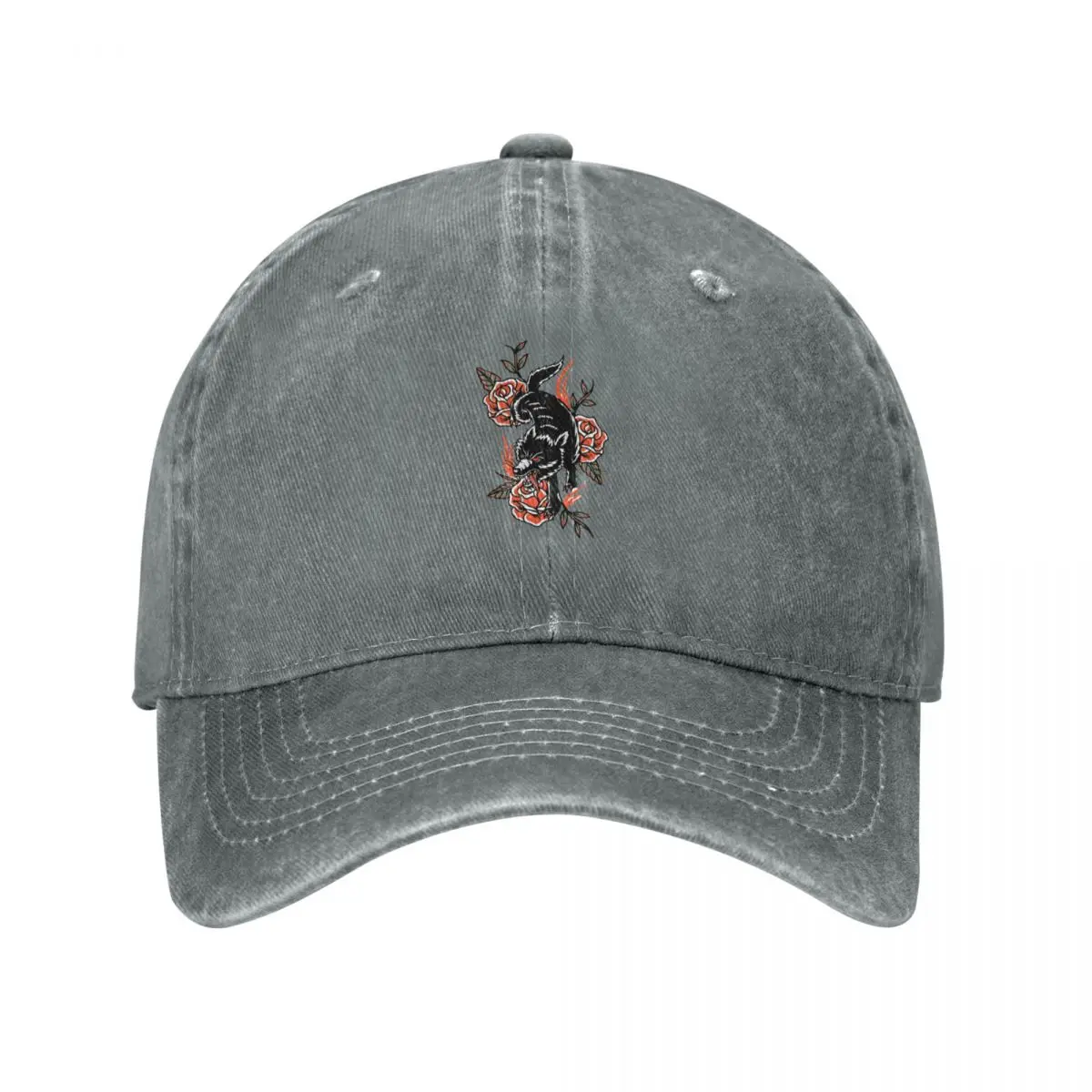 

American Traditional Tattoo of Black Wolf on Red Roses with Flames Baseball Cap Luxury Hat Designer Hat Women Men's