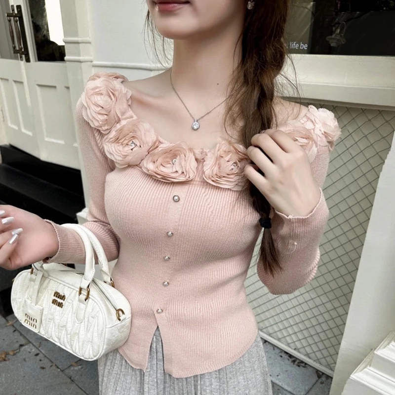 

2025 Autumn Winter Long Sleeved Women Sweater Patchwork Three-dimensional Flower Decoration Knitted Pullovers Tops